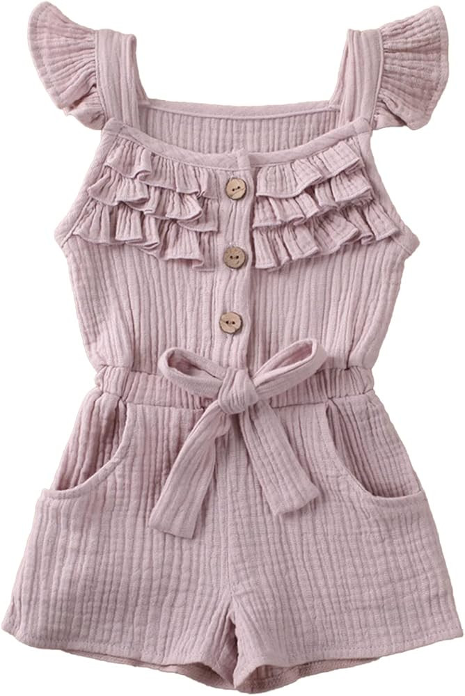 Toddler Baby Girl Romper Jumpsuit Fly Sleeve Bodysuit Ruffle Sleeveless Pockets One Piece Overall Ki | Amazon (US)