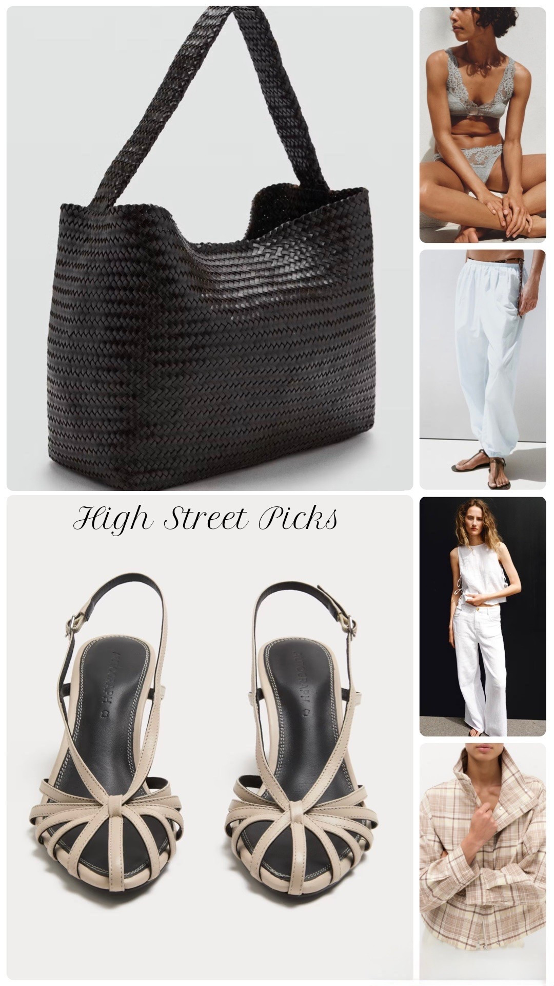 High st hits letter braided bag, balloon pants, checked parka, strappy heels