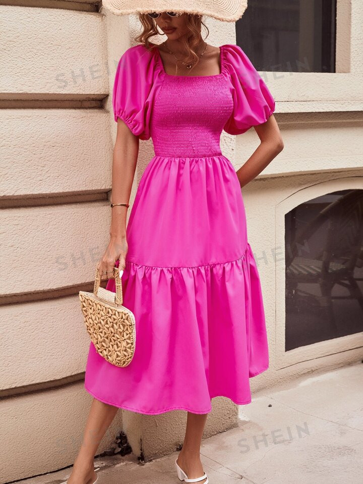 SHEIN VCAY Square Neck Puff Sleeve Ruffle Hem Dress | SHEIN