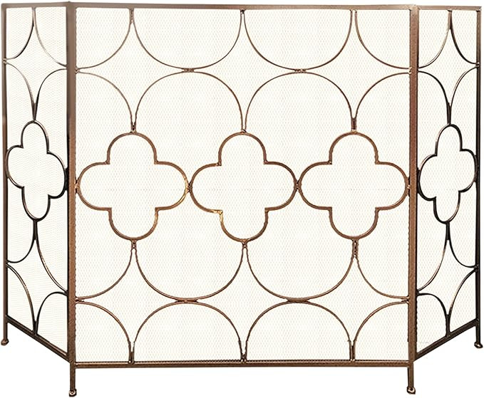 50 Inch 3 Panel Metal Fireplace Screen, Quatrefoil Design, Gold | Amazon (US)