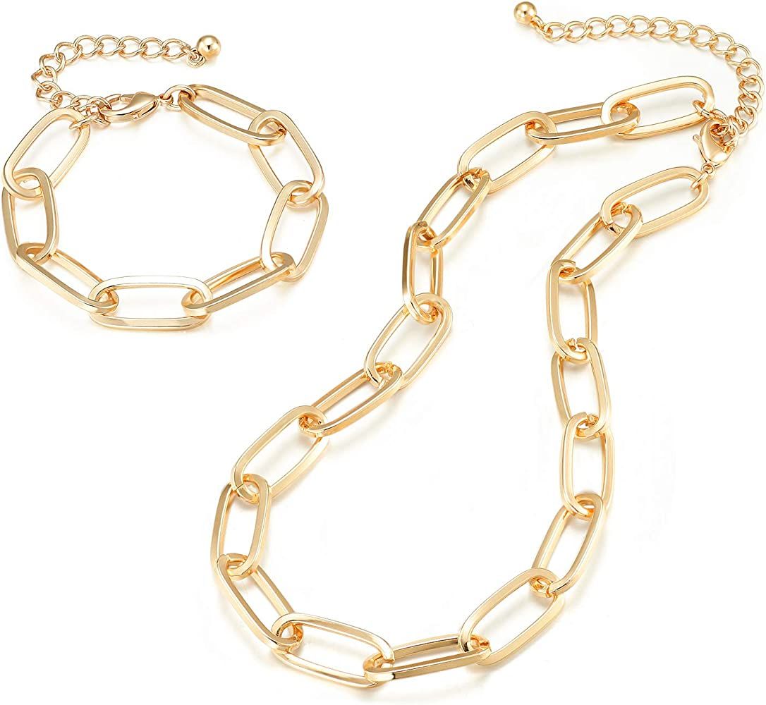 LANE WOODS Gold Chain Necklace and Bracelet for Women Ladies Dainty and Chunky Chain Link Paperclip Jewelry Set… | Amazon (US)