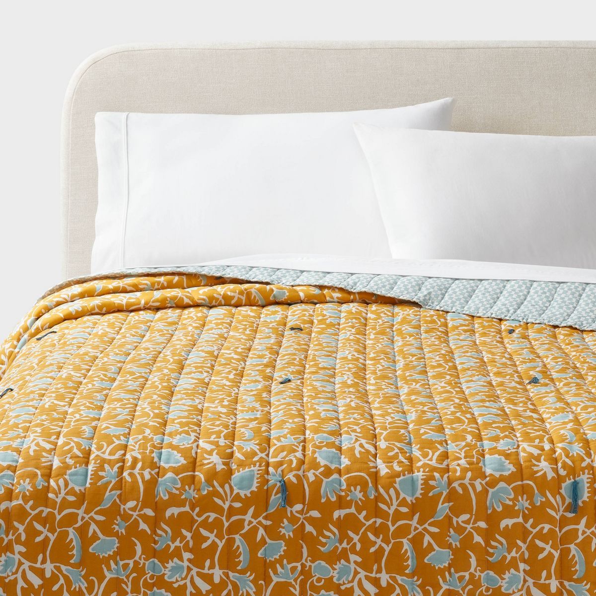 Full/Queen Boho Earthy Vines Quilt Mustard Yellow/Teal Blue - Threshold™ | Target
