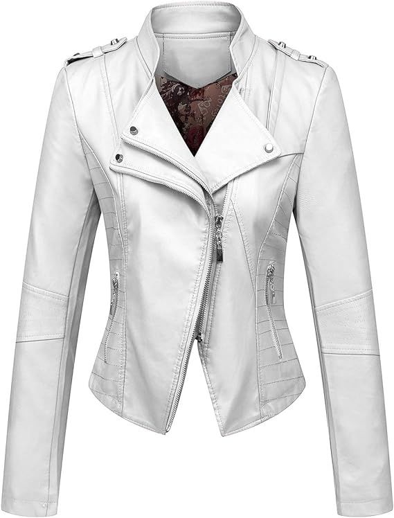 chouyatou Women's Candy Color Asymmetric Zip Slim Faux Leather Cropped Moto Jacket | Amazon (US)