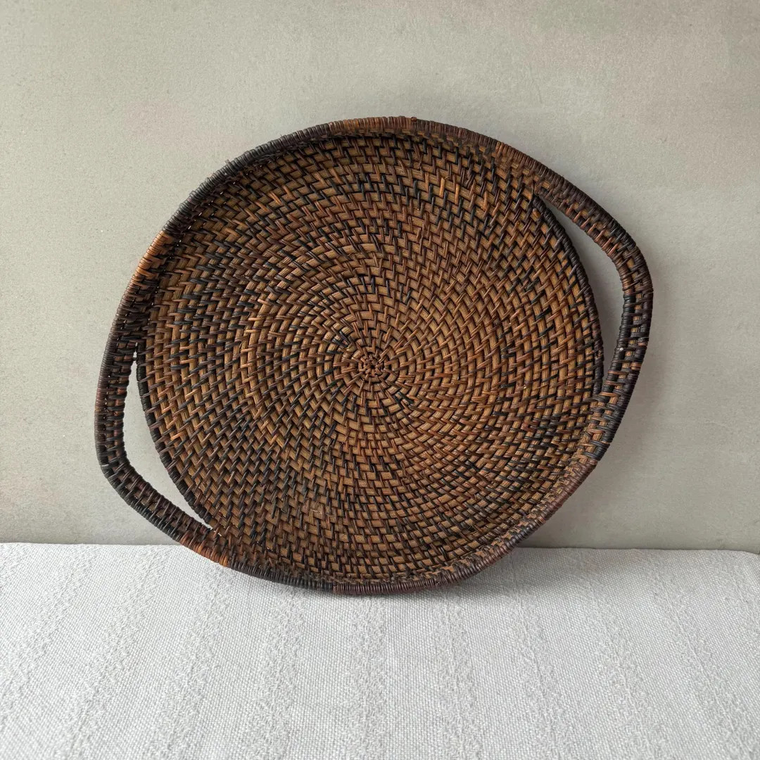 Vintage Handwoven Wicker Tray With Handles – Round Rustic Basket 15” - Etsy | Etsy (US)