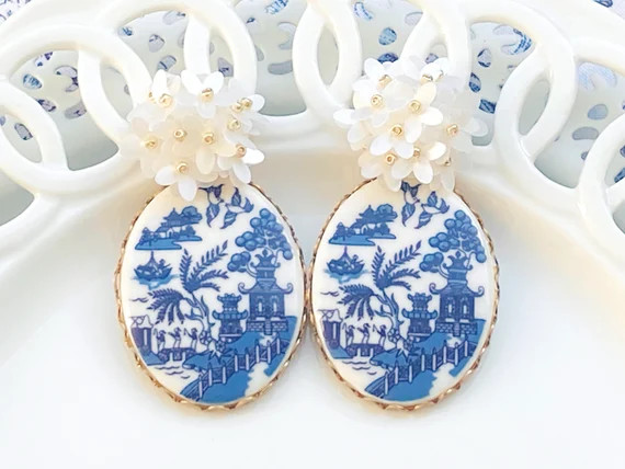 Cobalt Blue Earrings/Blue Willow Earrings/Blue Earrings/Blue Cameo Earrings/Porcelain Earrings/Bl... | Etsy (US)