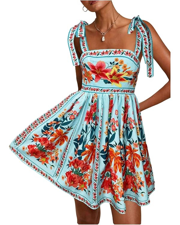 Floerns Women's Floral Tie Shoulder Boho Dress Sleeveless Smocked Ruffle Summer Mini Dresses | Amazon (US)