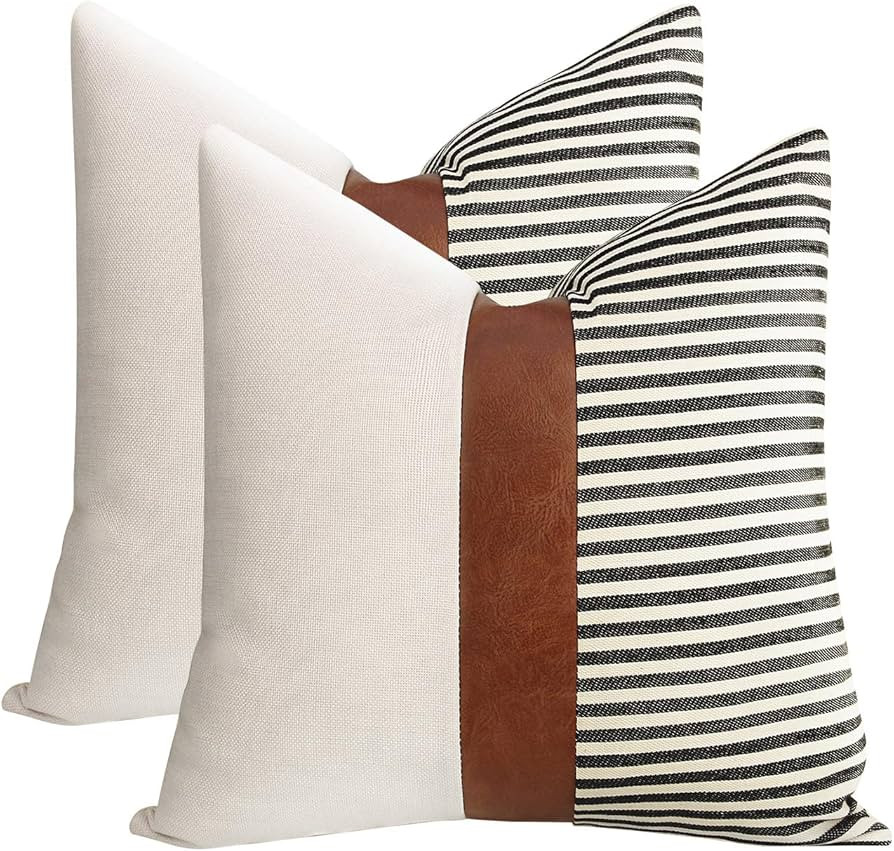 Set of 2 Farmhouse Decor Striped Patchwork Linen Throw Pillow Covers,Modern Brown Faux Leather Ac... | Amazon (US)
