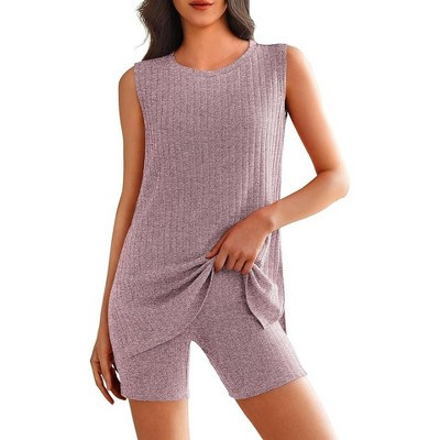 Ekouaer Womens 2 Piece Lounge Set Ribbed Knit Pajamas Sleeveless Sleepwear Biker Shorts Loungewear Outfit Purple Red XL | Target