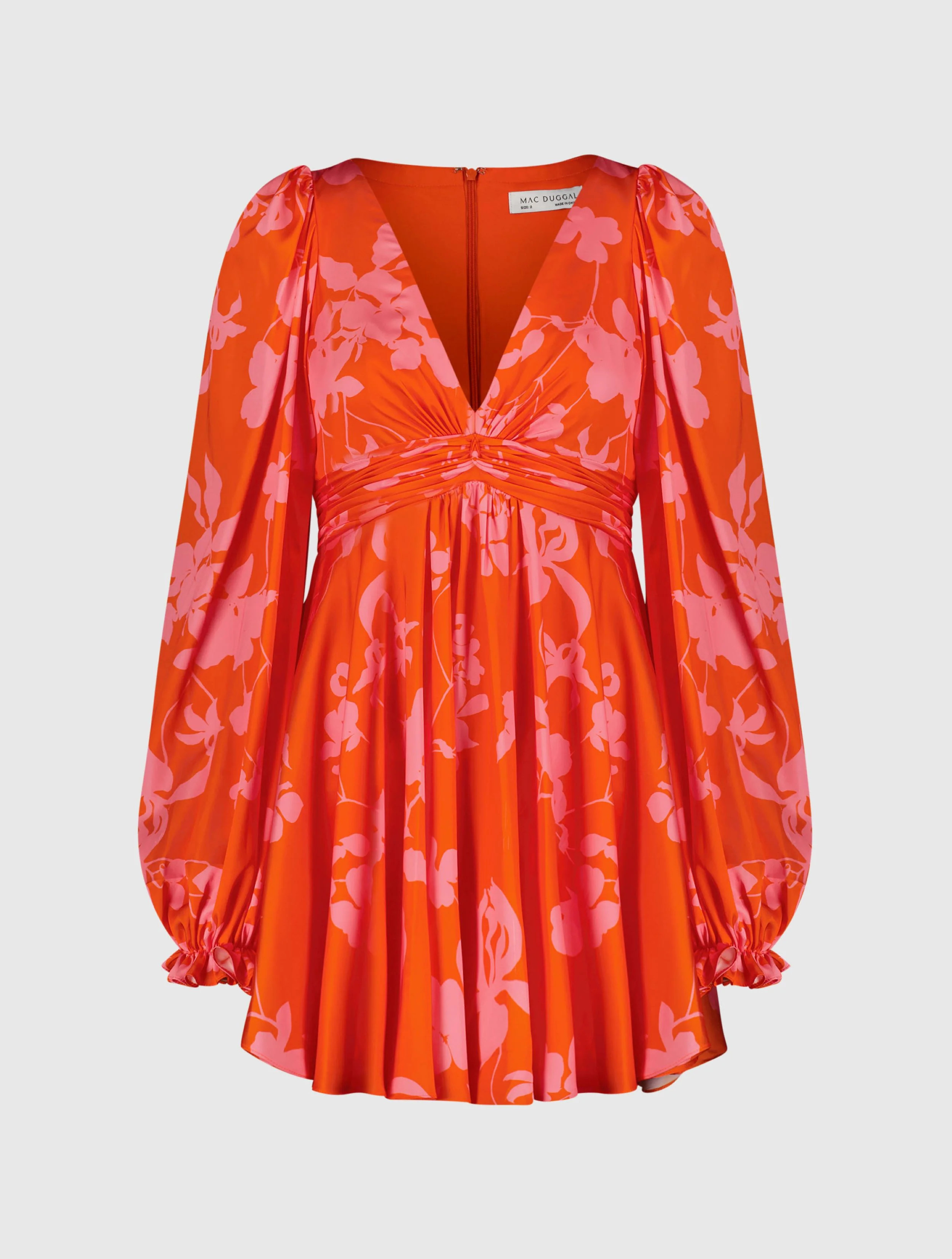 Printed Charmeuse Bishop Sleeve V Neck Mini Dress | Mac Duggal