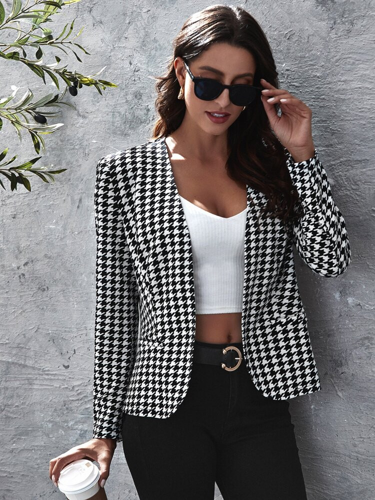SHEIN Open Front Houndstooth Blazer | SHEIN