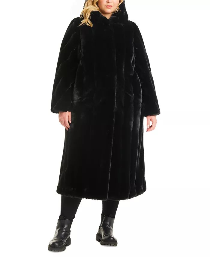 Jones New York Plus Size Hooded Faux-Fur Maxi Coat & Reviews - Coats & Jackets  - Plus Sizes - Ma... | Macys (US)