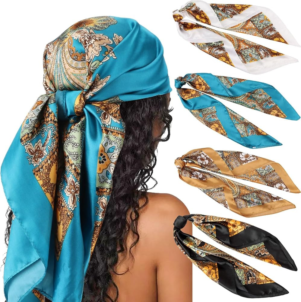 DRESHOW 35\u201d Large Square Satin Head Scarf - 4Pcs Silk Accessories Classic Patterned Squares ... | Amazon (US)