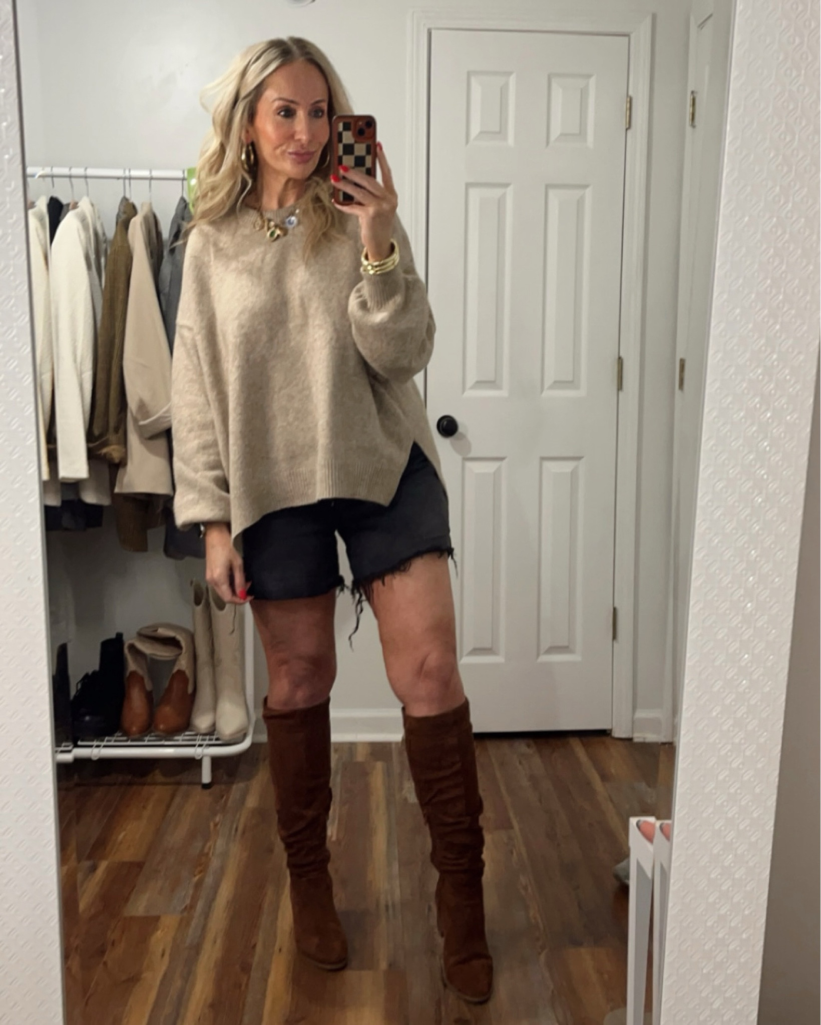 Oversized sweater, black denim shorts & boots. The perfect fall transition outfit. 
.
.
.
#walmartfinds #walmartfashion #tallboots #kneeboots #midsize #midsizeoutfits #fallootd 

#LTKStyleTip #LTKShoeCrush #LTKMidsize