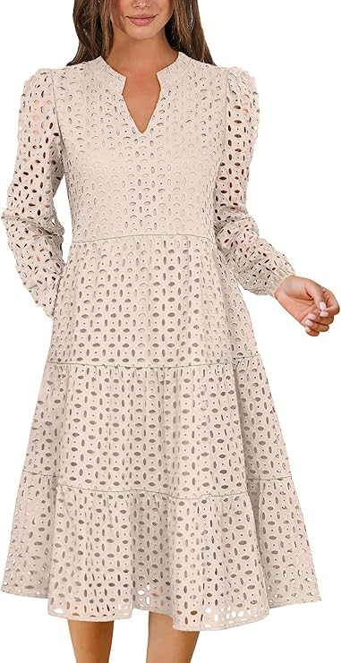 ANRABESS Womens Long Sleeve V Neck Midi Dresses Hollow Out Eyelet Casual Tiered 2025 Fall Beach V... | Amazon (US)