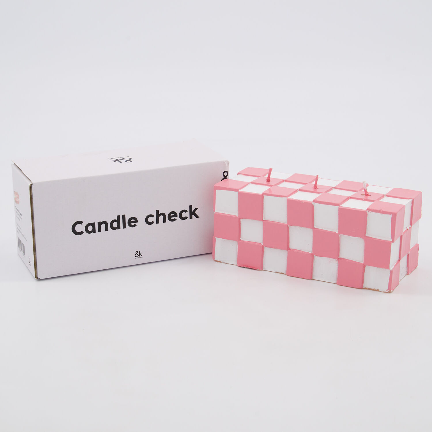 Pink & White Chequered Candle 6x14cm | TK Maxx