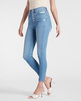 High Waisted Extra Supersoft Medium Wash Button Fly Skinny Jeans | Express