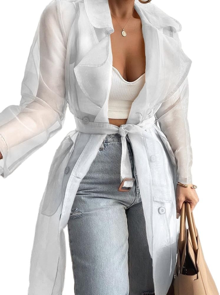 Melliflo Womens See Through Trench Coat Lapel Double Breasted Long Sleeve Sheer Mesh Cardigan Soi... | Amazon (US)