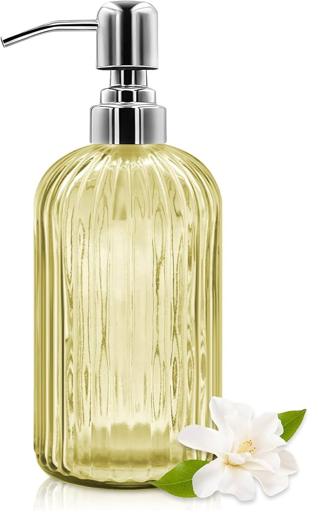 18 Oz Glass Soap Dispenser with Stainless Steel Pump, Modern Ribbed Design Refillable Liquid Soap... | Amazon (US)