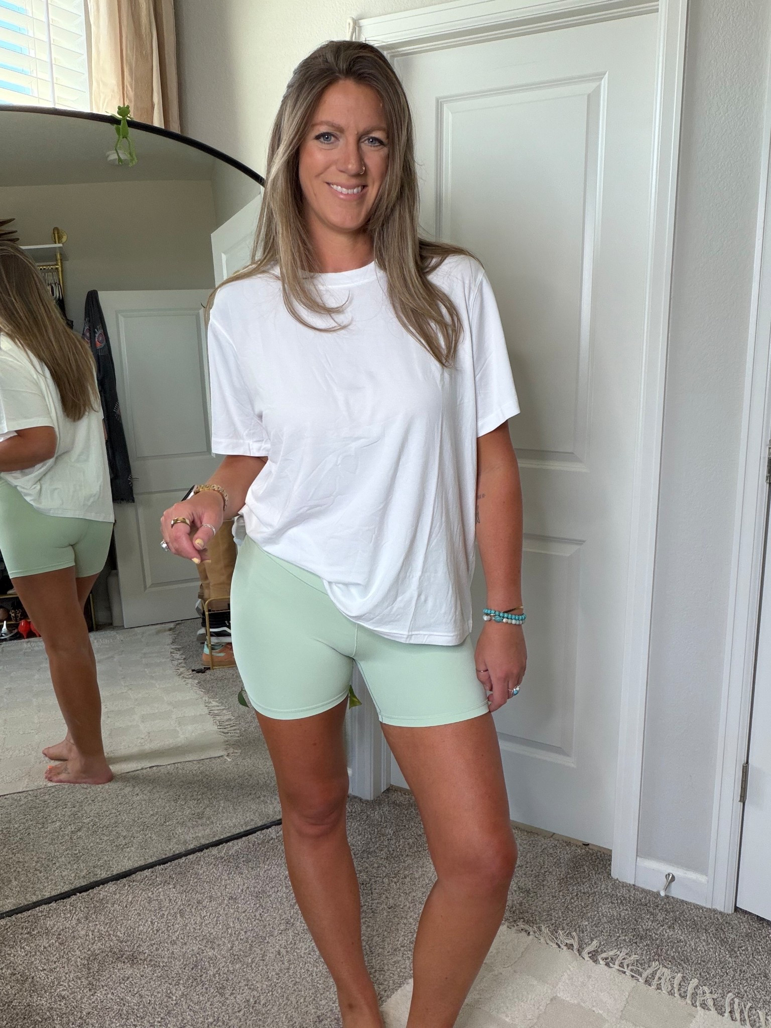 Large in tee and shorts 

#LTKActive #LTKTall #LTKOver40