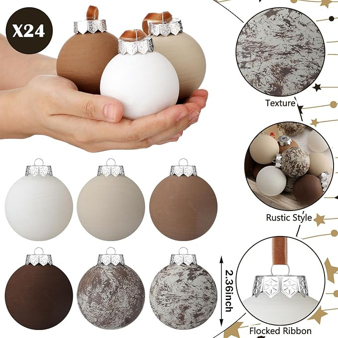 24 Pcs Matte Neutral Textured Christmas Ball Ornaments 2.36'' Brown Vintage Rustic Christmas Tree... | Amazon (US)