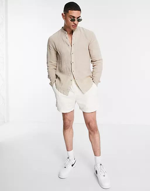 Pull&Bear linen shirt with grandad collar in tan | ASOS (Global)