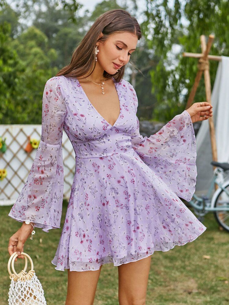 Double Crazy Plunging Neck Bell Sleeve Allover Floral Print Chiffon Dress | SHEIN