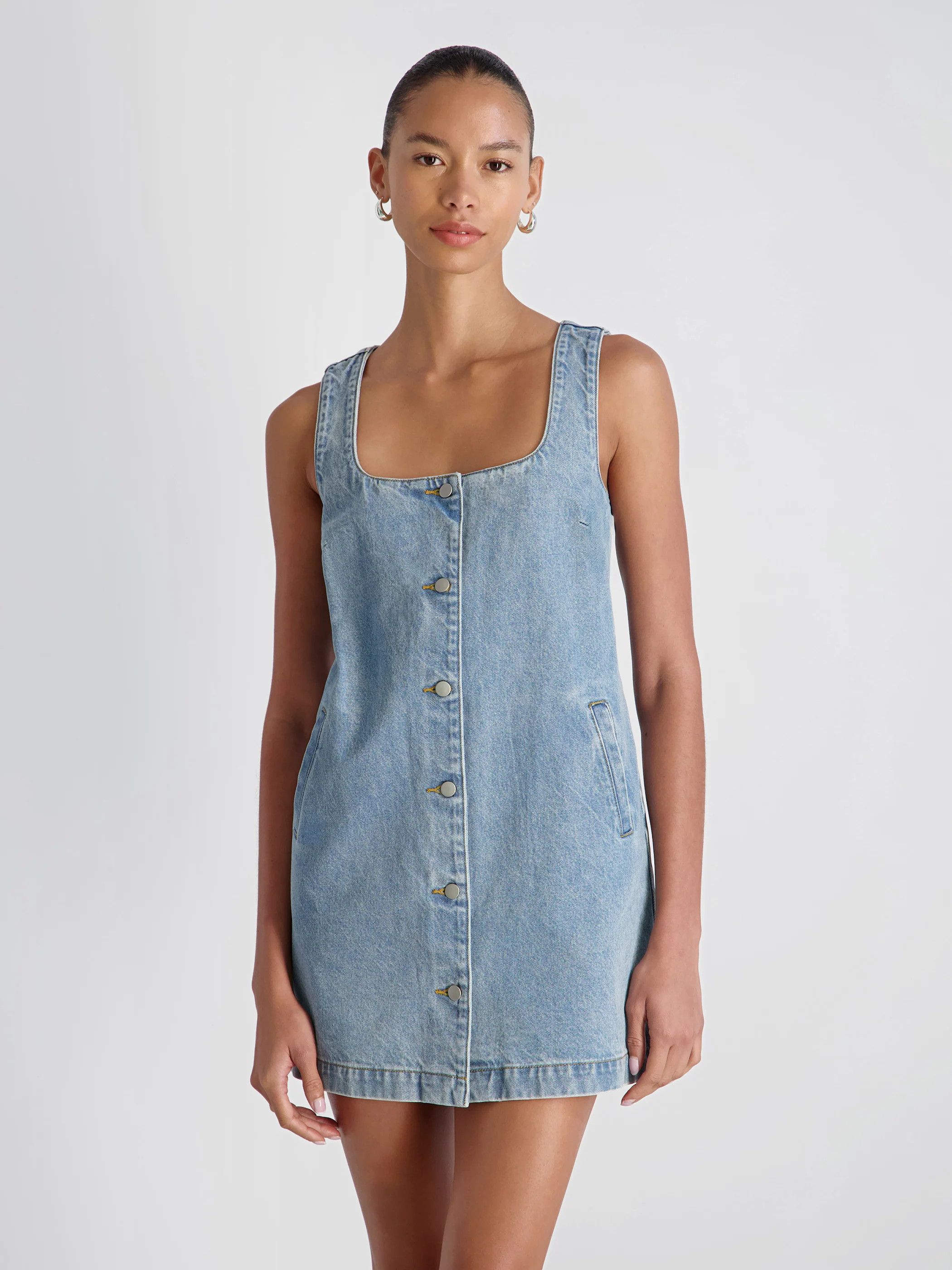 90S DENIM BUTTON-FRONT SLEEVELESS MINI DRESS | French Connection (US)