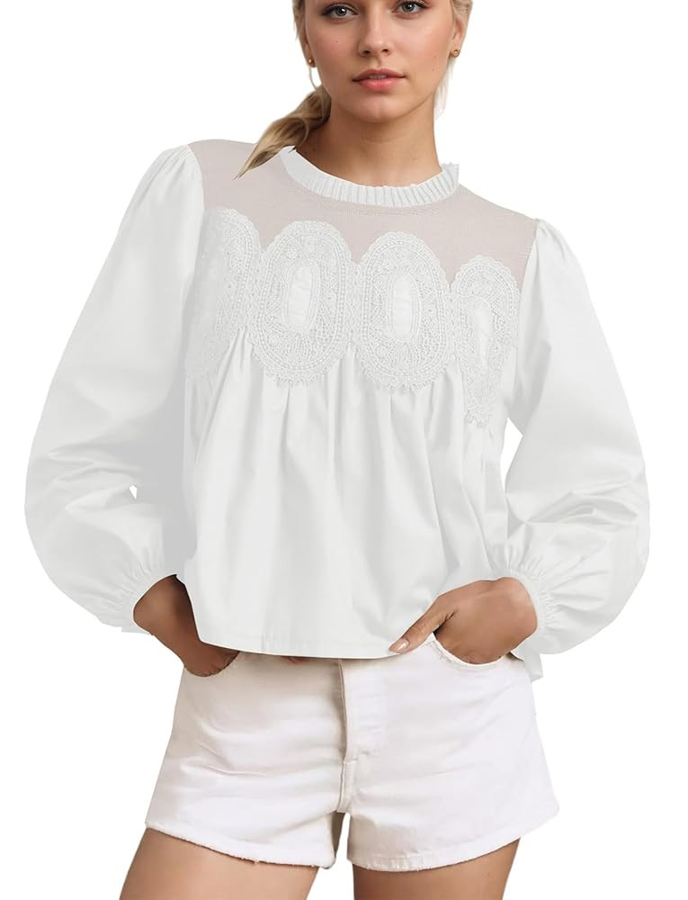 Women's Lace Mesh Floral Embroidery Blouse Long Puff Sleeve Dressy Babydoll Top Ruffle Hem Patchw... | Amazon (US)