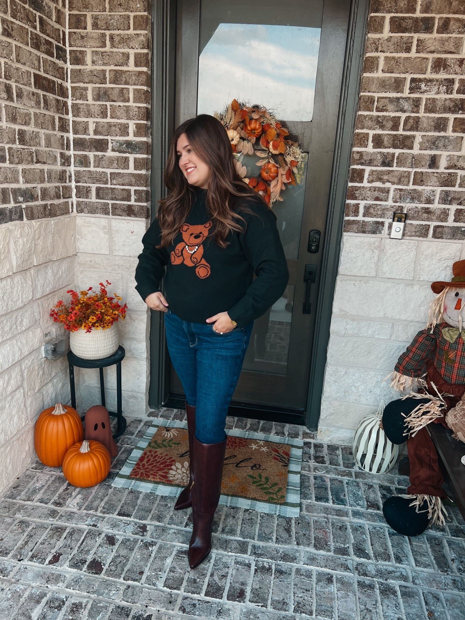 Cozy fall outfit 🍂 Green bear sweater, jeans & knee boots—perfect fall fashion look! 
I’m wearing a large sweater, 14 jeans, 7.5 wide calf boots!
#FallOutfit #FallFashion2025 #CozySweater #JeansAndBoots #OOTD

#LTKMidsize #LTKSeasonal #LTKStyleTip