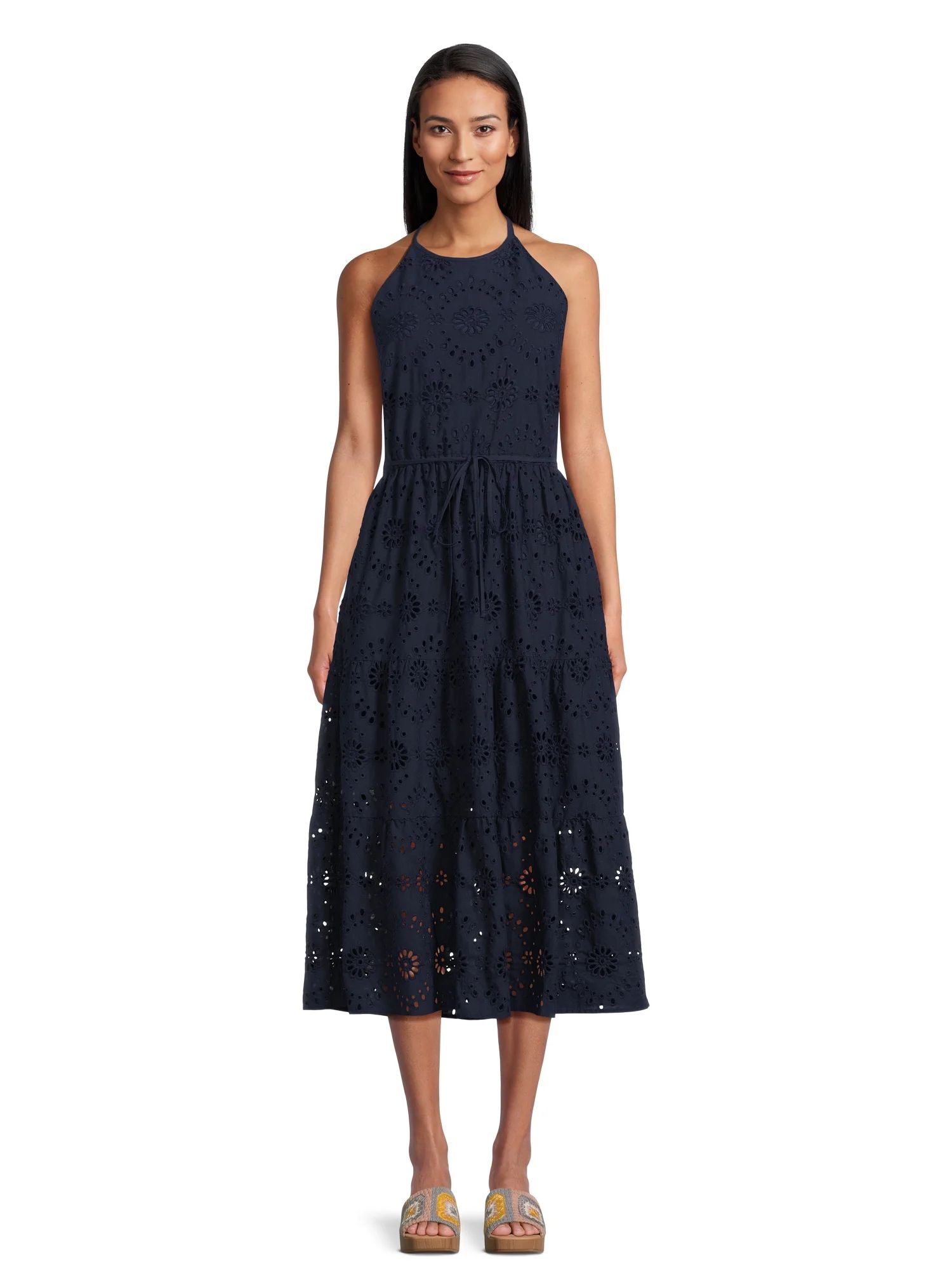 Time and Tru Women's Eyelet Halter Midi Dress with Tiered Skirt, Sizes XS-XXXL | Walmart (US)