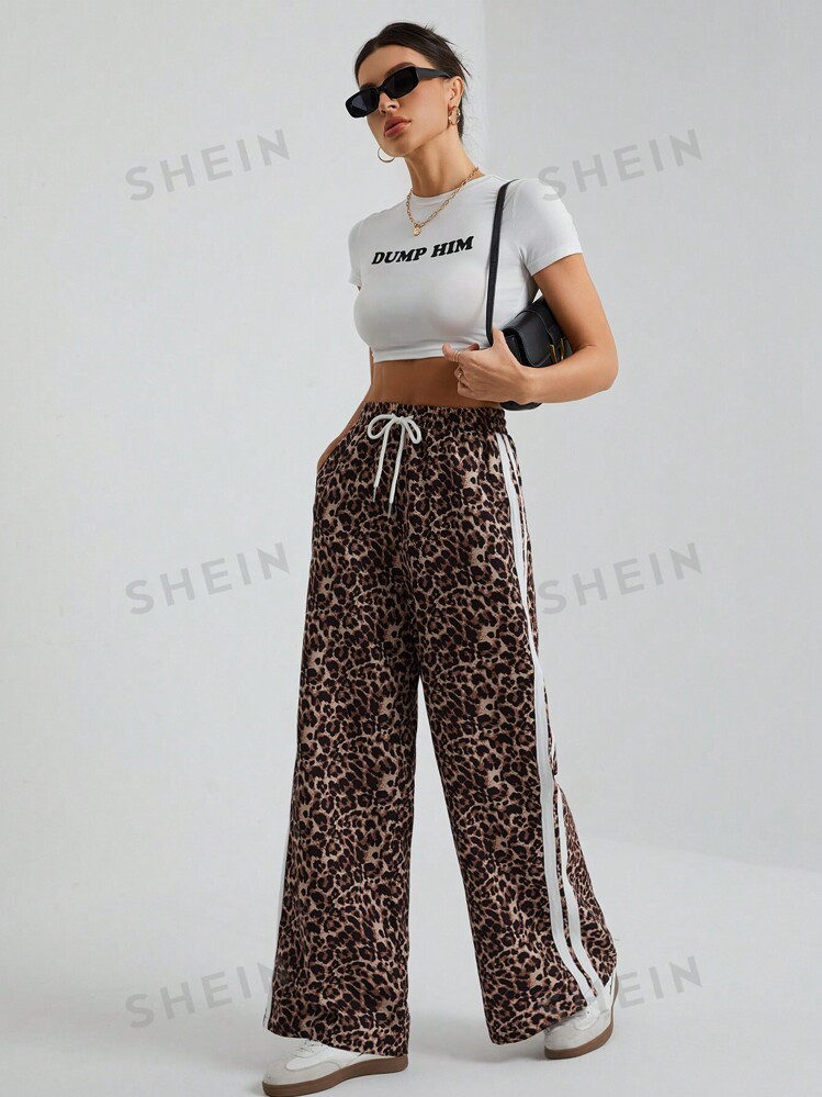SHEIN Tall Women's Summer Music Festival Y2K Leopard Print Waist Tie Side Stripe Loose Wide Leg C... | SHEIN