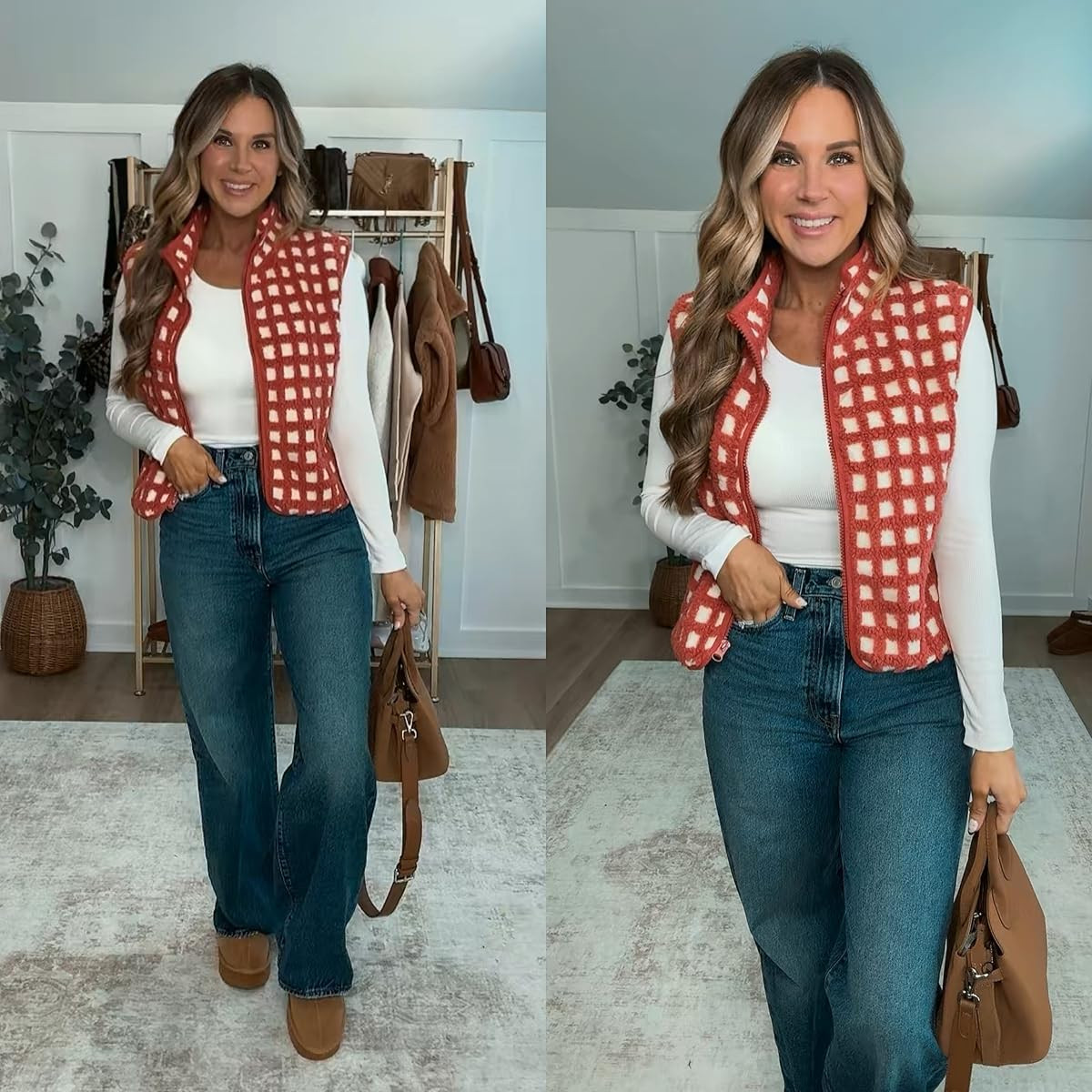 Love this red checkered sherpa vest! Styling it with a long sleeve top (with built in bra top!), jeans that fit perfectly, and suede platform shoes.  

 #LTKValentine #LTKmomlife #LTKSeasonal