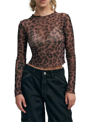 Women Leopard Sheer Mesh Top Long Sleeve Cheetah Lace Top Slim Fitted Sexy See Through Layering Tops(Coffee,L) | Amazon (US)