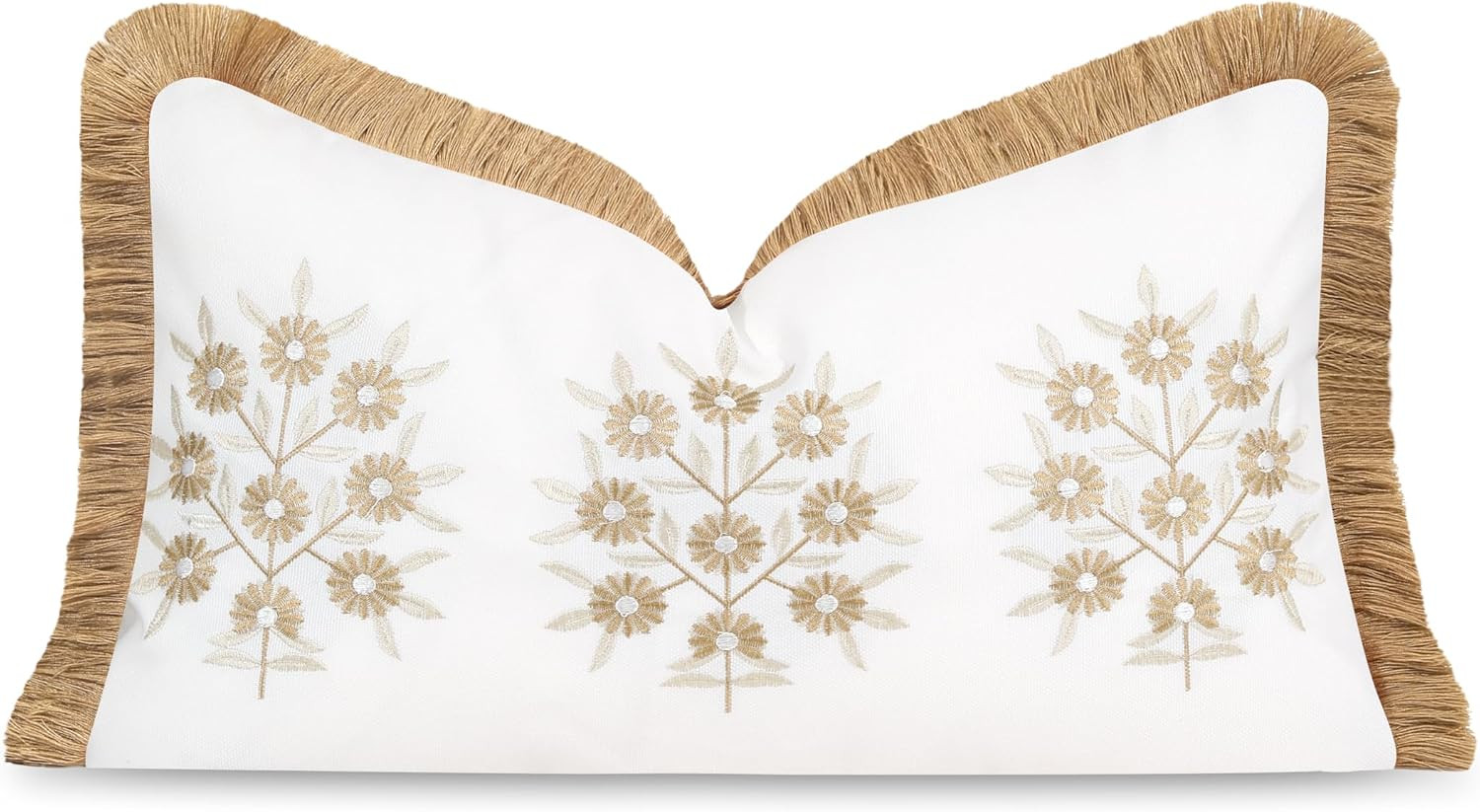 Hofdeco Premium Coastal Patio Indoor Outdoor Lumbar Pillow Cover Only, 12"x20" Water Repellent for Backyard, Couch, Neutral Tan Embroidered Floral with Fringe | Amazon (US)