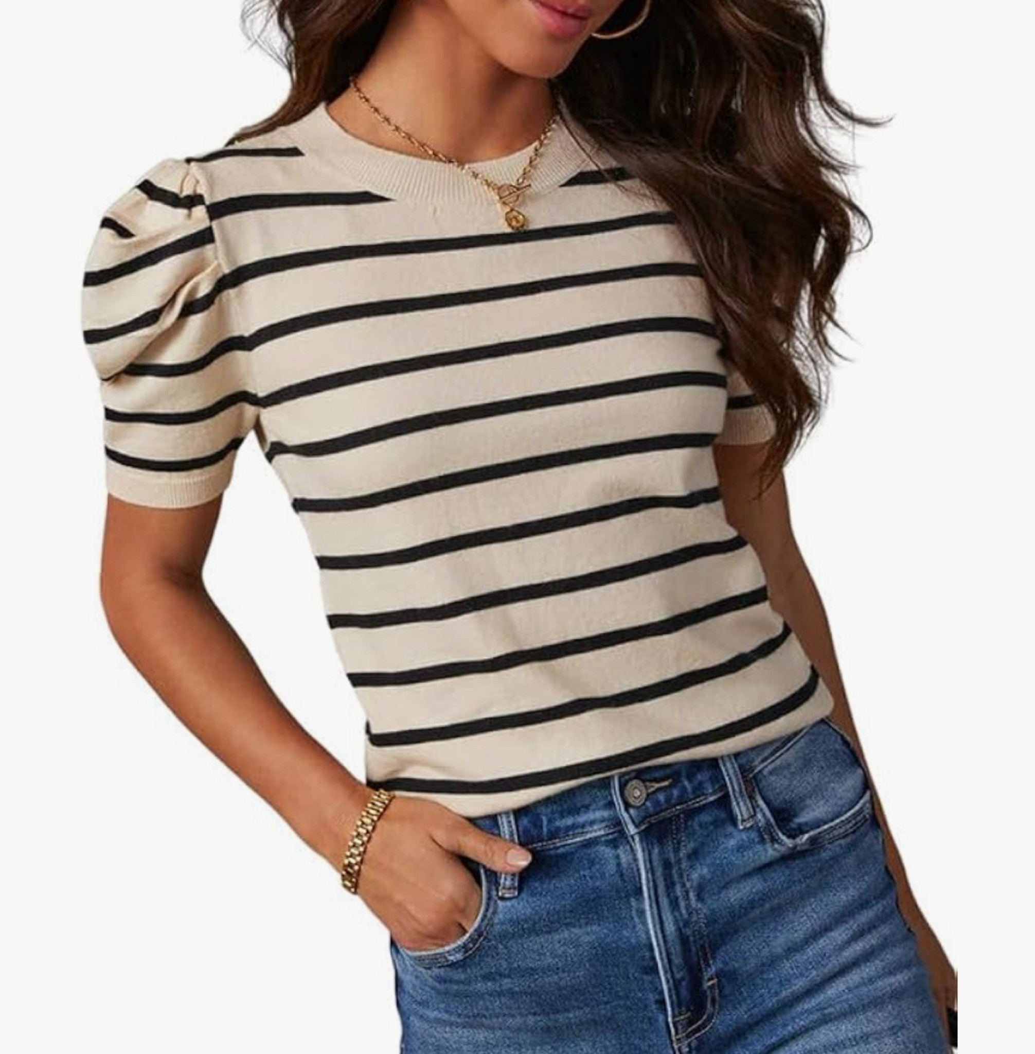Dokotoo Women's Short Puff Sleeve Knit Tops 2024 Trendy Crewneck Striped T Shirts Casual Summer Blouses. Good reviews, and nice quality for under $30.

#LTKFindsUnder50