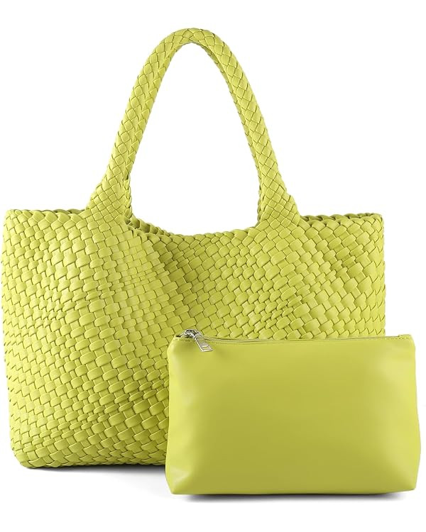 Large Woven Vegan Leather Tote Bag, with Clutch | Removable cushion base, detachable clutch, fits... | Amazon (US)