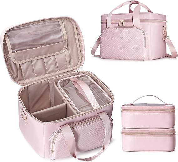 Travel Makeup Bag with 2 Pouches and Adjustable Dividers, Large Cosmetic Case Make up Organizer f... | Amazon (US)