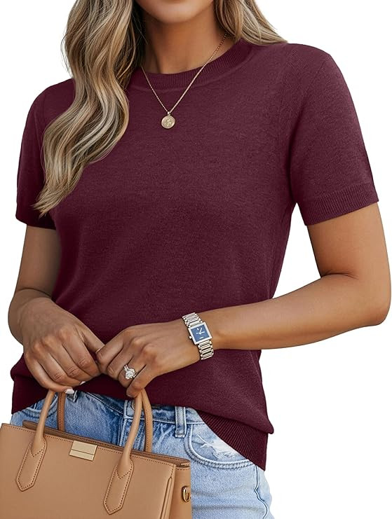 Women's Spring Summer Lightweight Short Sleeve Wool Blend Business Casual Knit Tops Pullover Swea... | Amazon (US)