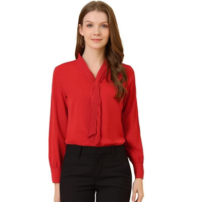 INSPIRE CHIC Women's Long Sleeve Pleated Tie Neck Office Blouses Large Red | Target
