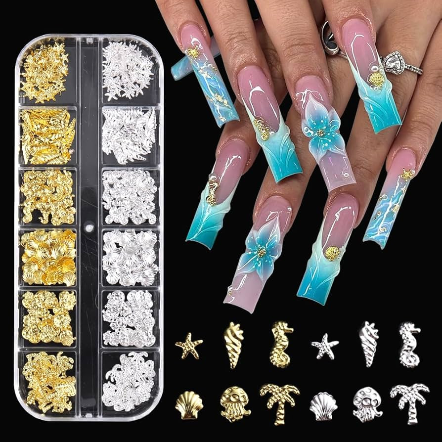 3D Metal Nail Art Studs Mixed Shapes Gold Silver Starfish Shell Conch Seahorse Alloy Nail Rivets ... | Amazon (US)