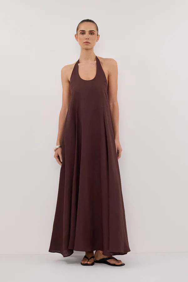 ABBY WALNUT HALTER LINEN MAXI DRESS | DISSH