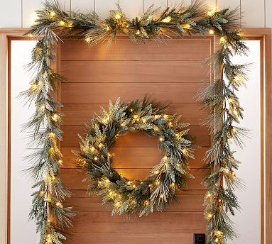 Pre-Lit Faux Flocked Pine Wreath &amp; Garland | Pottery Barn (US)