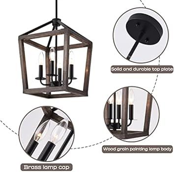 4-Light Chandelier Rustic Metal Pendant Light,Adjustable Height Lantern Hanging Light with Wood F... | Amazon (US)
