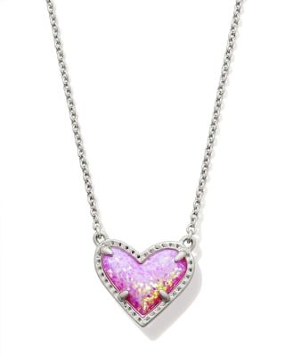 Ari Heart Silver Short Pendant Necklace in Bubblegum Pink Kyocera Opal | Kendra Scott