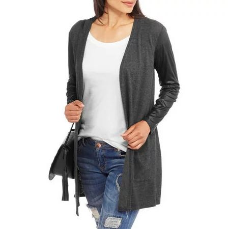 Women's Super Soft Cardigan with Faux Leather Sleeves | Walmart (US)