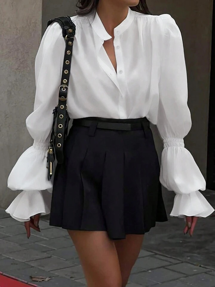 INAWLY Plus Size Elegant Solid Color Flared Sleeve Shirt, Autumn | SHEIN