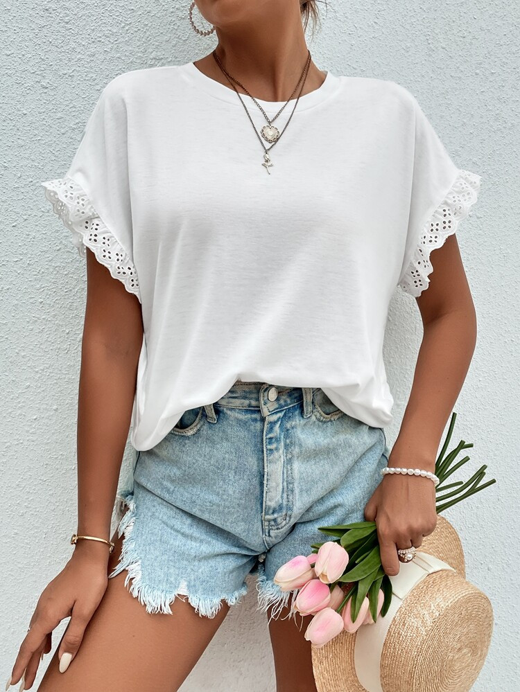Eyelet Embroidery Drop Shoulder Tee | SHEIN