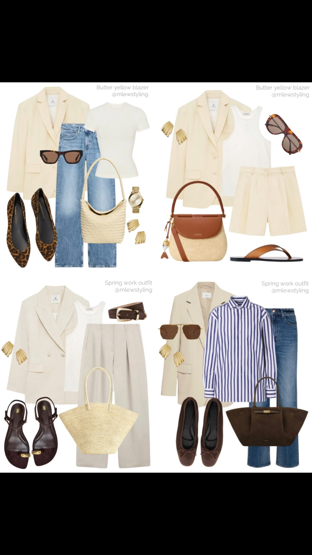 Spring office outfit edit with cream coloured blazers 🍨

Tags: anine bing ecru blazer, Zara straight leg jeans, summer workwear, work outfit, matching set, butter yellow tailored shorts, neutral aesthetic, Ralph Lauren button down, bottega veneta aviator sunglasses, DeMellier suede tote bag, Loewe raffia bag, leopard print ballet flats, capsule wardrobe 

#LTKgrwm #LTKootd #LTKWorkwear