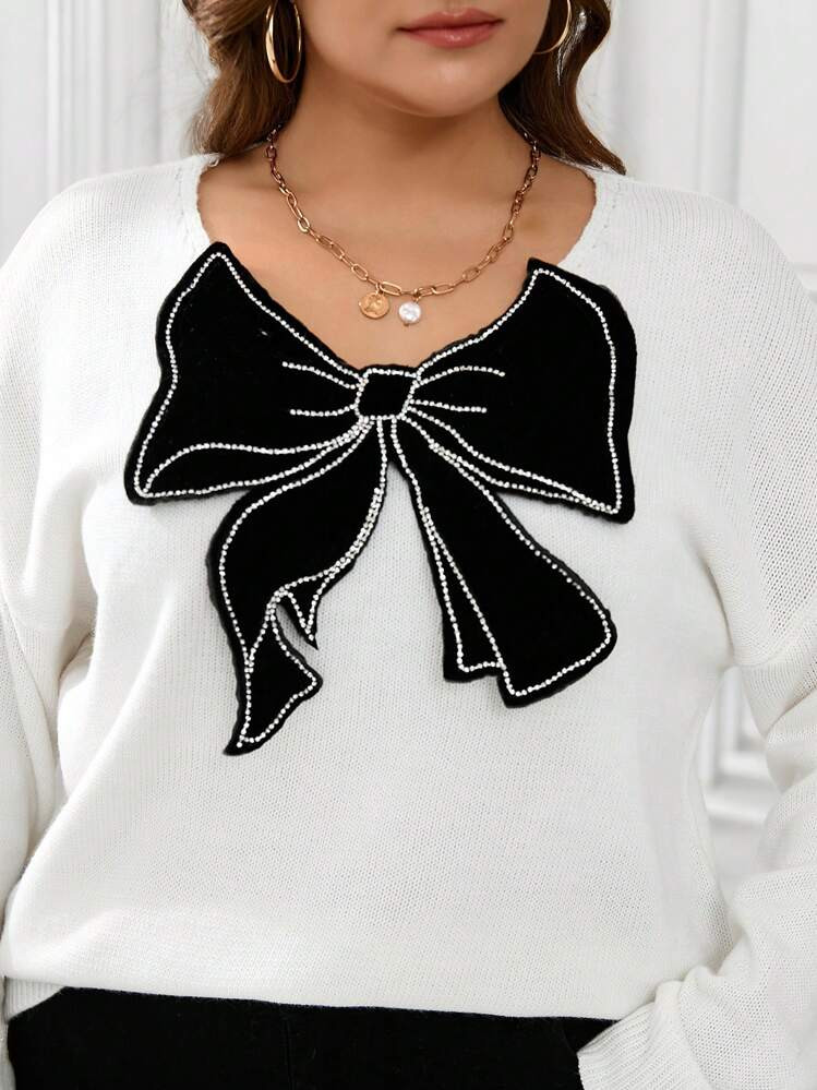 SHEIN Clasi Women's Contrast Color Minimalist Handmade Rhinestone Bow Plus Size Sweater, Suitable For Halloween, New Year, Valentine's Day, Thanksgiving, Christmas, Easter, Gala, New Year's Eve, | SHEIN