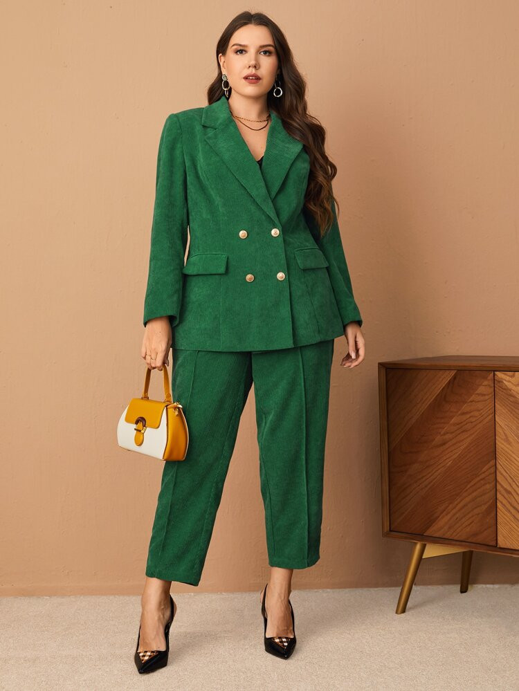 SHEIN Unity Plus Lapel Collar Double Breasted Cord Blazer & Pants Set | SHEIN